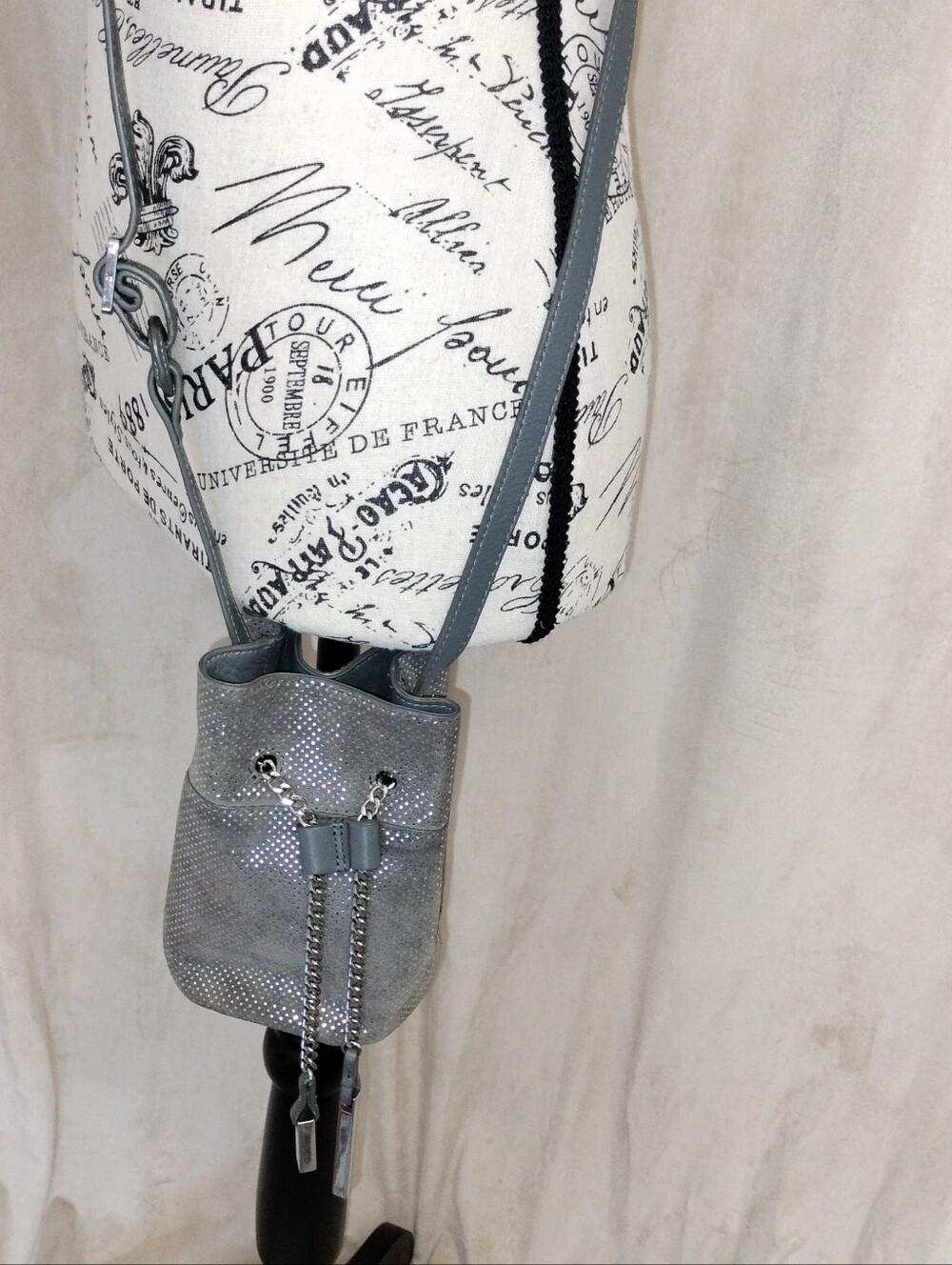 NWOT! Halston Heritage Metallic Gray Leather/Suede Crossbody Mini Bucket Bag - Picture 6 of 11